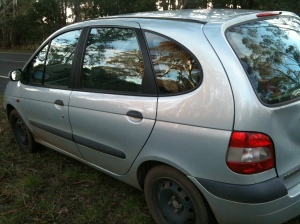 My lovely Renault Scenic, no longer worth anything much yet chock a block full of our stuff (including organic meat!)