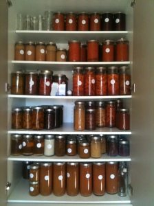 Pretty pantry of put up preserves. Nearly full and almost out of jars.